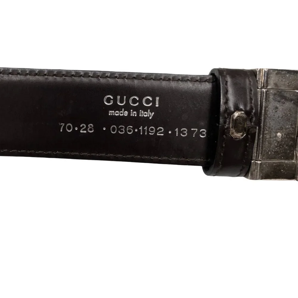 Vtg Gucci Silver G Cutout Leather Belt Mens Black Rectangular Buckle EU 70 US 28
